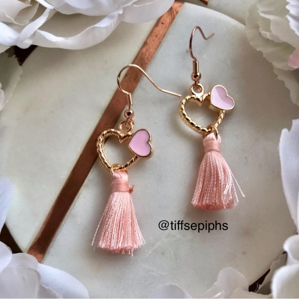 Rose gold hearts and pink tassel dangly earrings